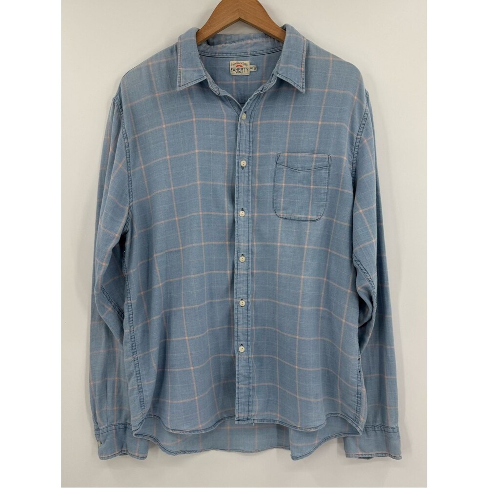 Faherty Coastline Knit Shirt Windowpane Plaid | Blue / Light Pink | XXL